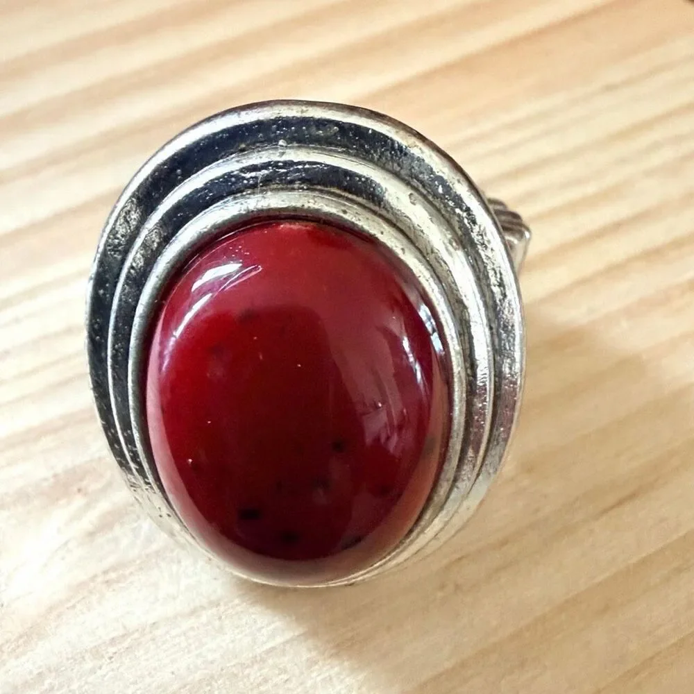 Silver Tone Red Cabochon Stretch Statement Ring